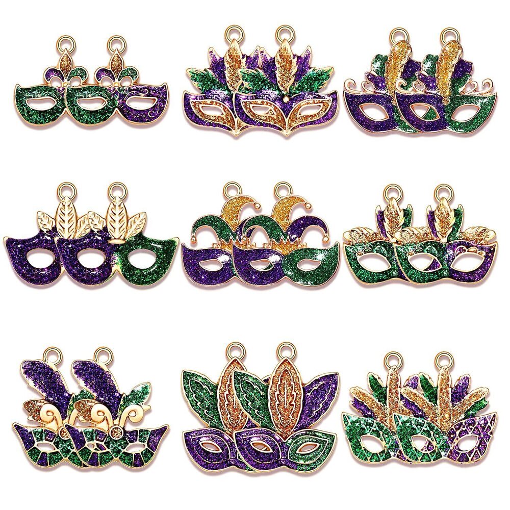 9665 18PCS Mardi Gras Charms for Jewelry Making, Crown Jester Mask